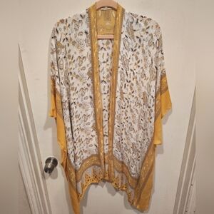 Moss Rose Yellow Multicolor Kimono Cardigan Cover Up Os-Boho Beach Vacation
